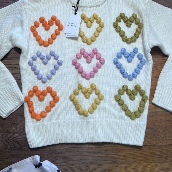English Factory Heart Pom Sweater Knit Wool Blend Ivory Love Womens Size Small - Picture 5 of 14